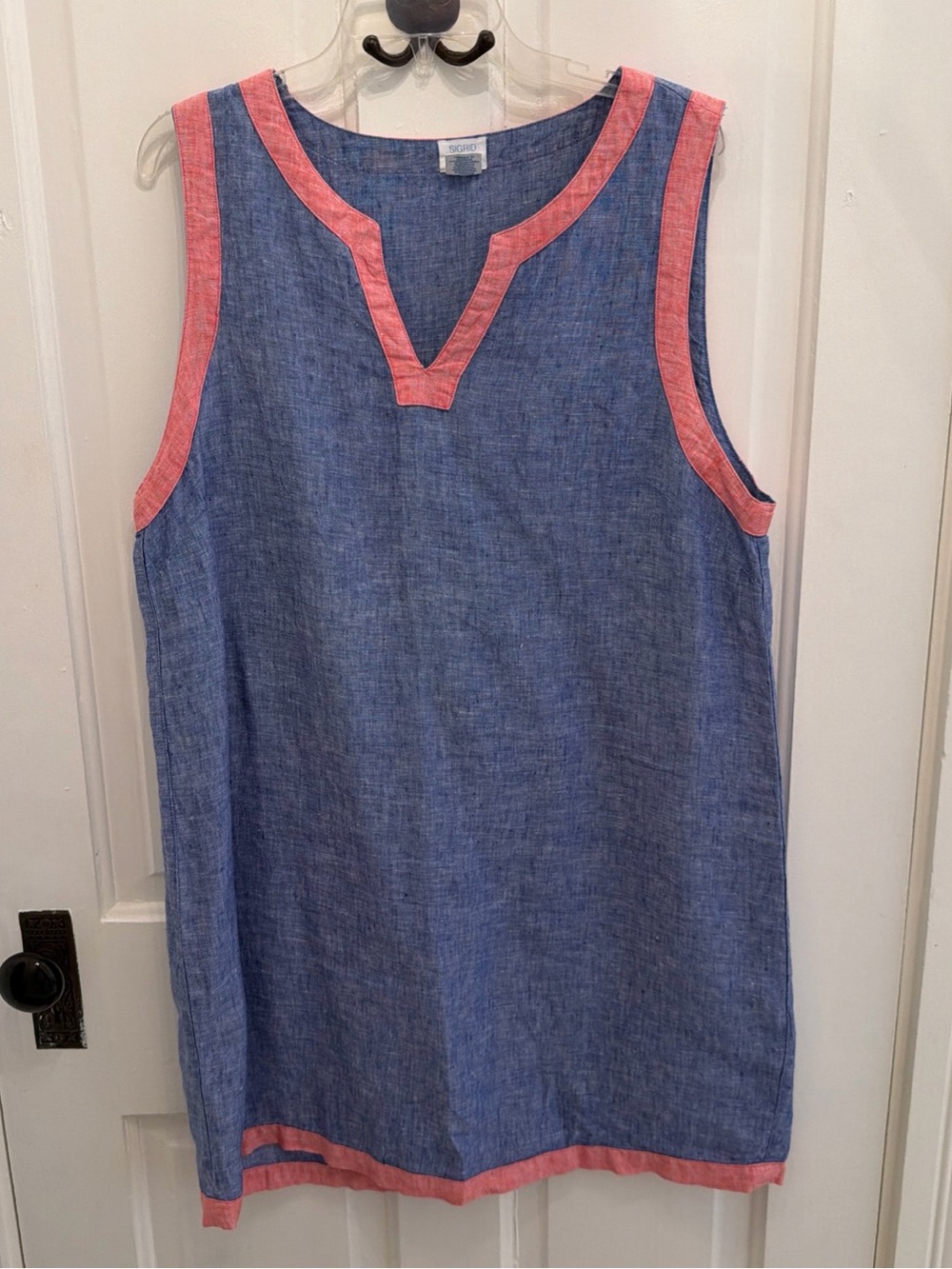 SIGRID OLSEN BLUE W PINK TRIM 100% LINEN KNEE LENGTH V-NECK DRESS SLEEVELESS XL
